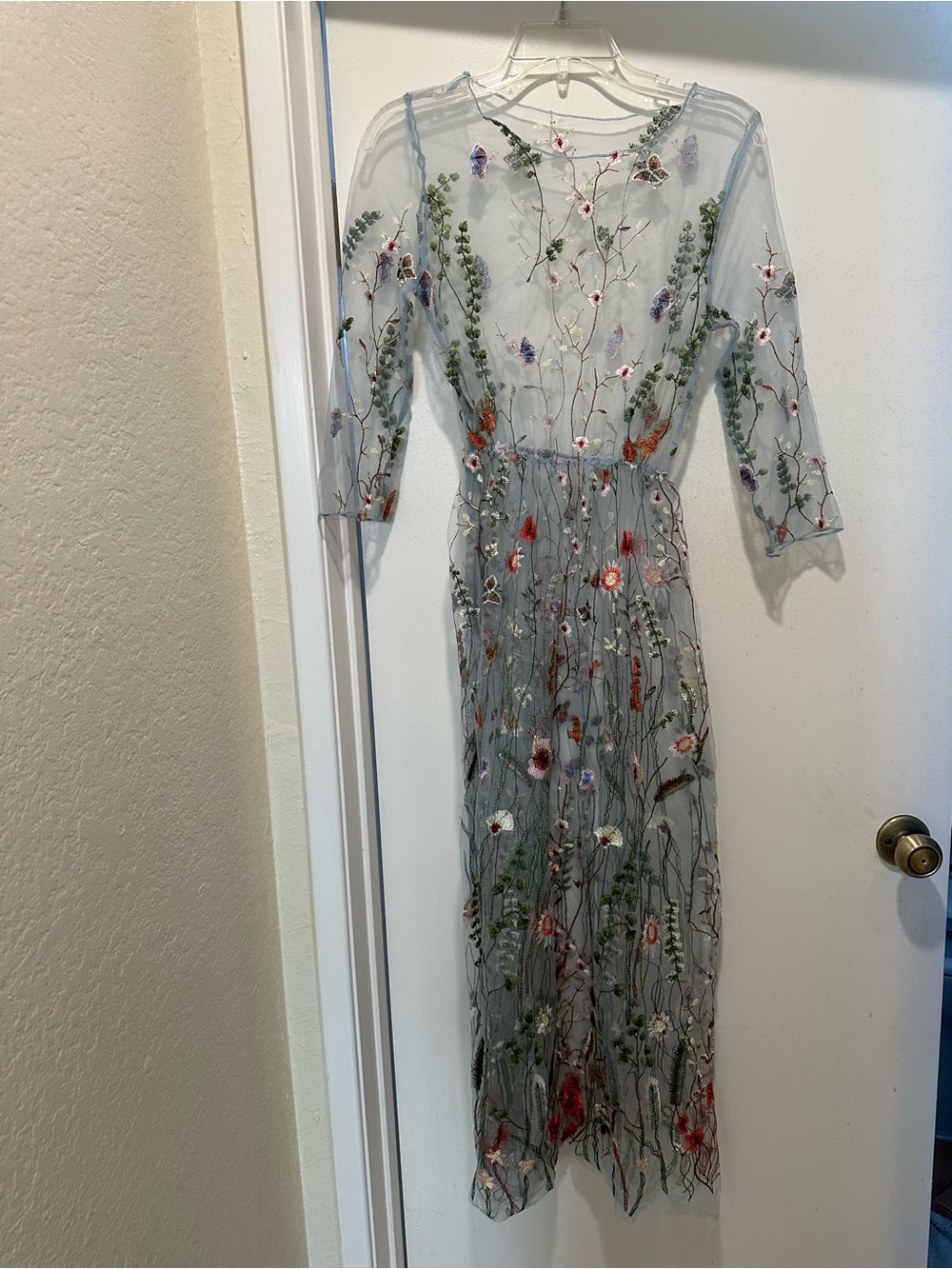 Sheer Embroidered Maxi Dress in Pale Blue with Floral Motif